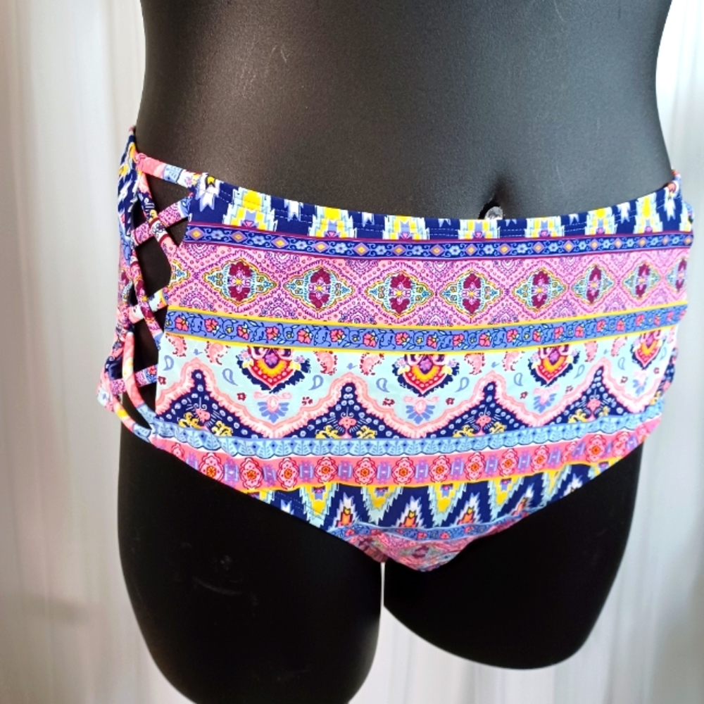 California Waves Bikini Bottoms, Size XL Bluish and Multi colors